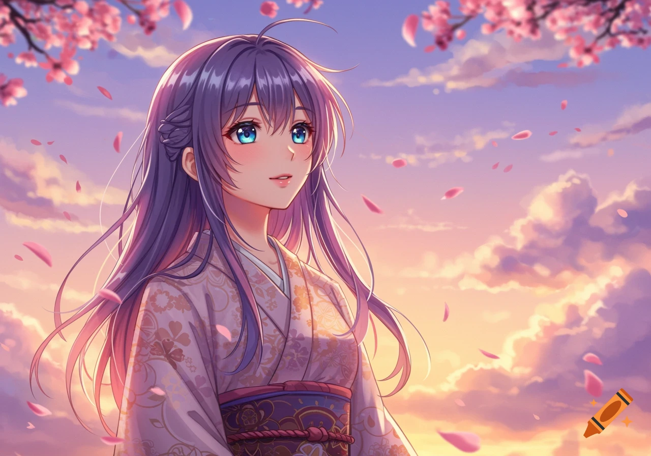 An anime girl with purple hair and blue eyes, wearing a patterned kimono, gazing up under cherry blossoms at sunset.