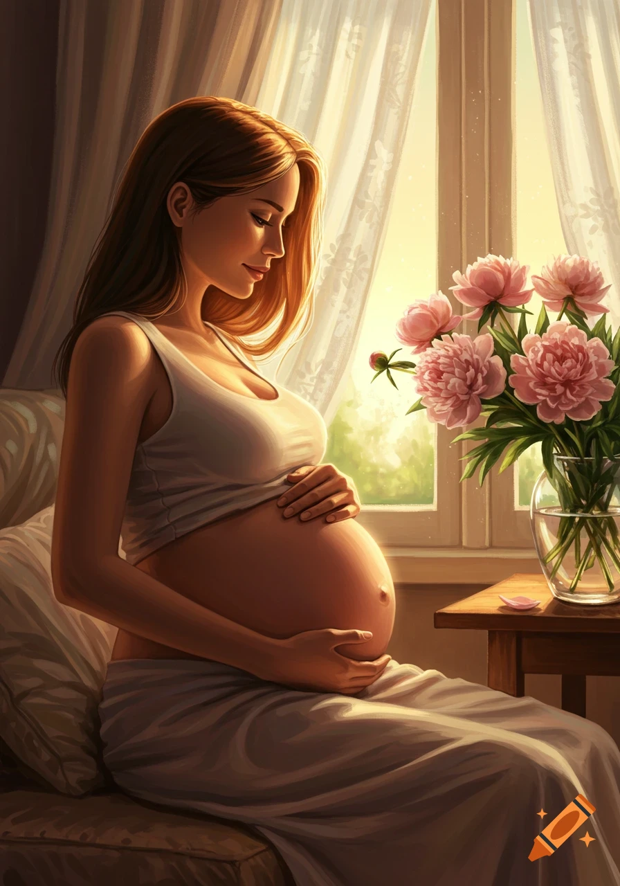 A pregnant woman in a white tank top and skirt sits by a window, gently holding her belly, with a vase of pink peonies on a table beside her.