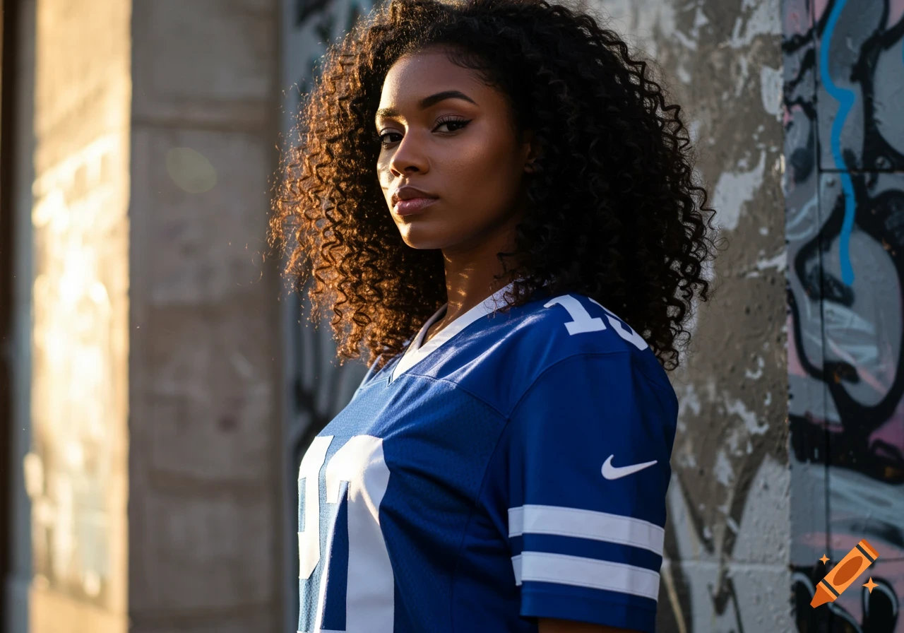 Photorealistic portrait of a stylish African American woman with curly hair wearing a blue football jersey, standing against a wall with graffiti.
