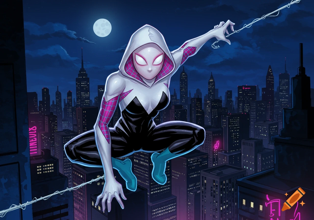 Spider-Gwen crouches on a rooftop, silhouetted against a full moon and a vibrant, neon-lit cityscape at night in a comic art style.