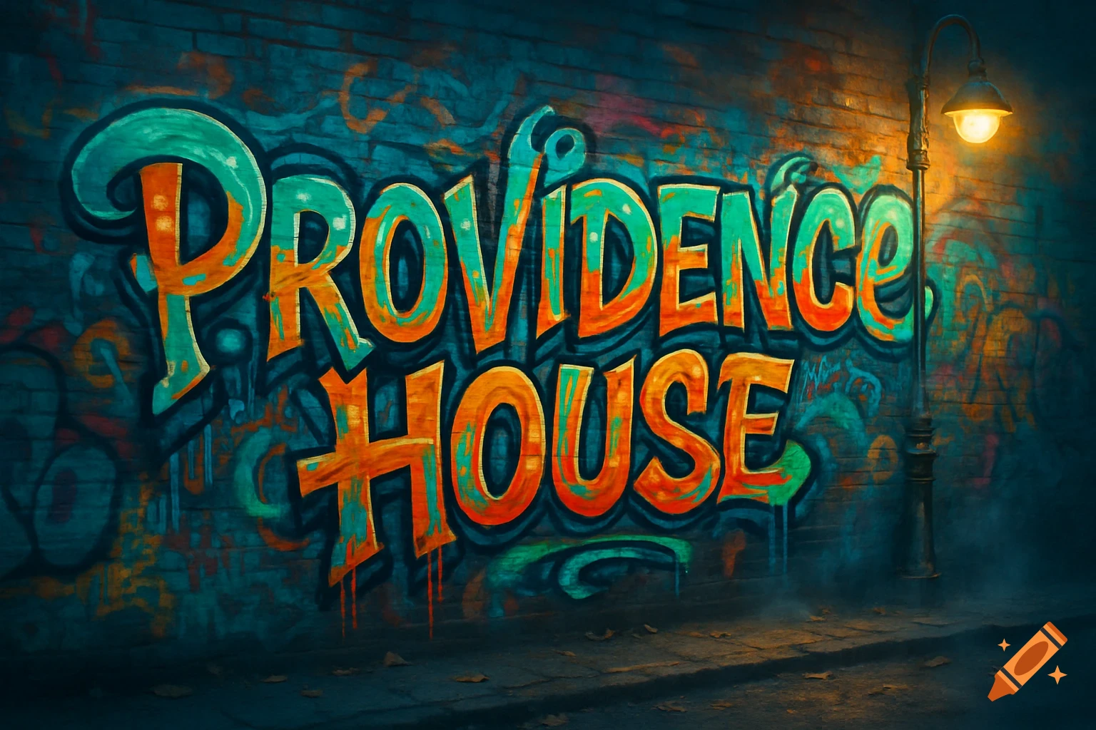 Colorful graffiti text 'Providence House' on a dark brick wall, illuminated by a streetlamp at night.