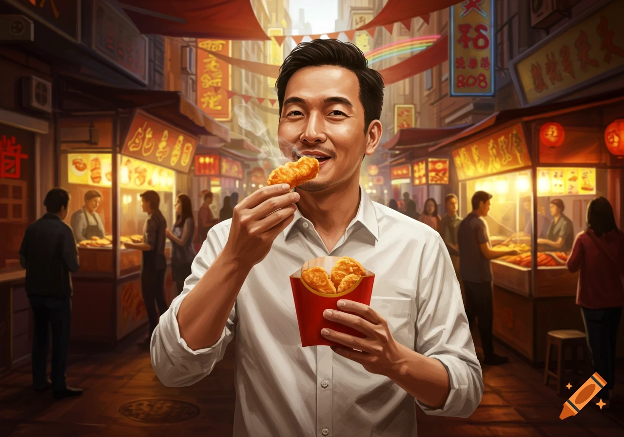 A smiling man in a white shirt eats a chicken nugget from a red box in a bustling, illuminated Asian street food market at dusk.