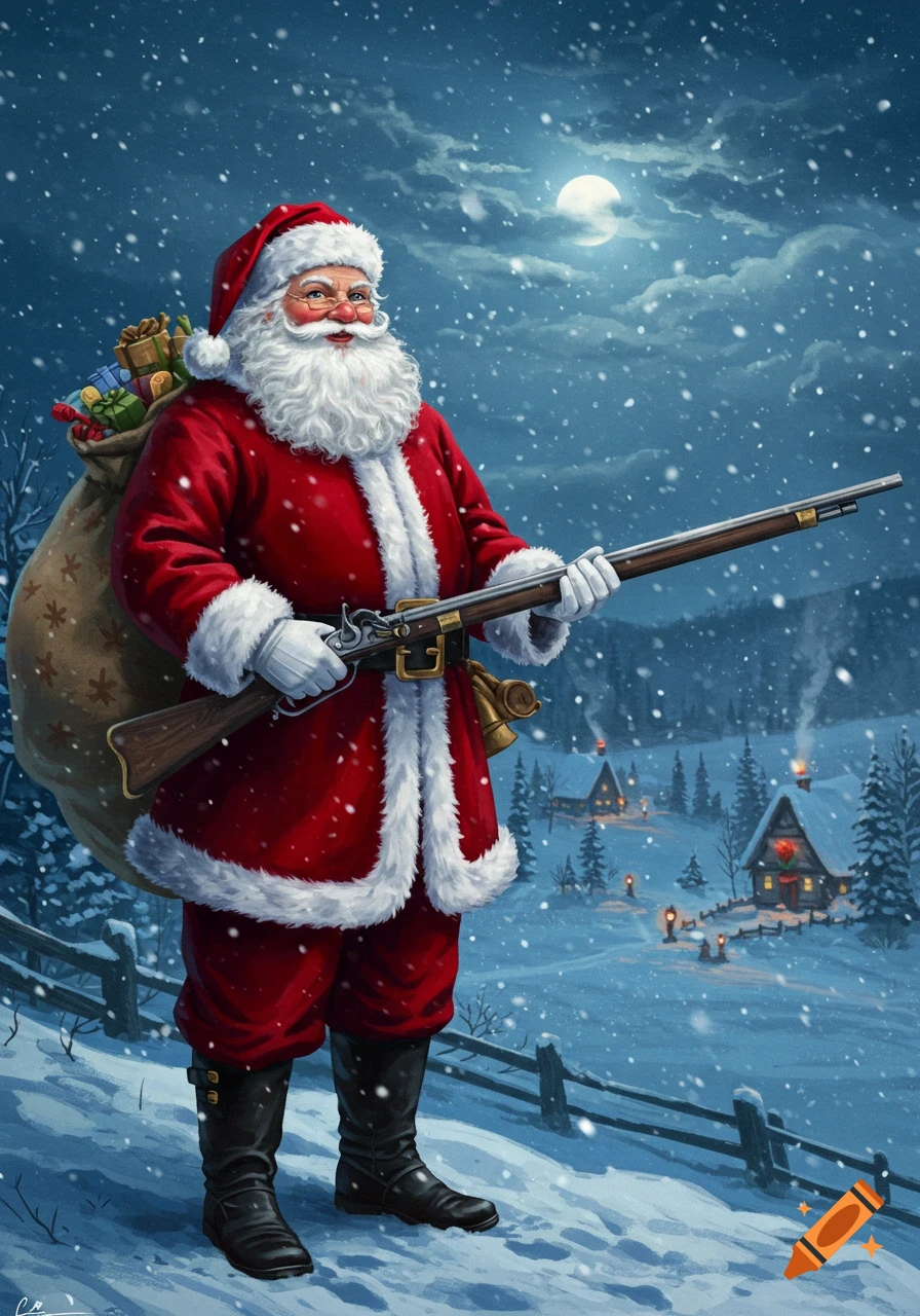 Santa Claus in a red suit and hat, carrying a gift sack and holding a musket, stands in a snowy village under a full moon.