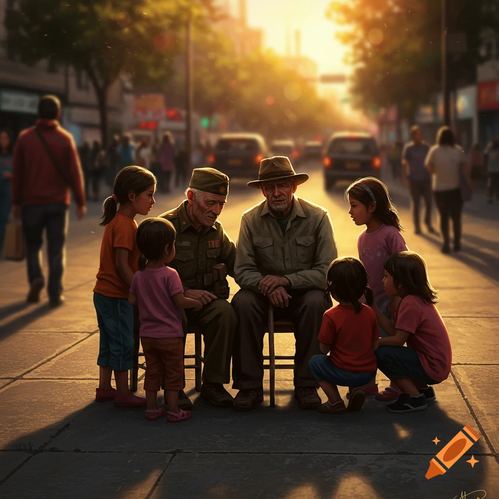 Two elderly men, one in a veteran's uniform, sit on chairs on a city street at sunset, surrounded by several young children listening intently.