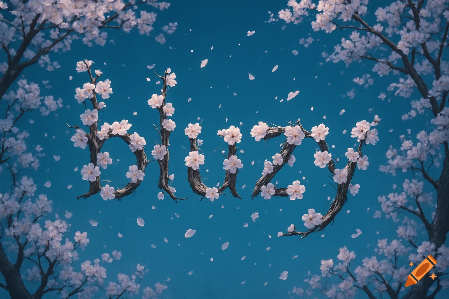 The word 'bluzy' formed by cherry blossom branches and flowers against a blue sky, with blooming trees framing the scene.