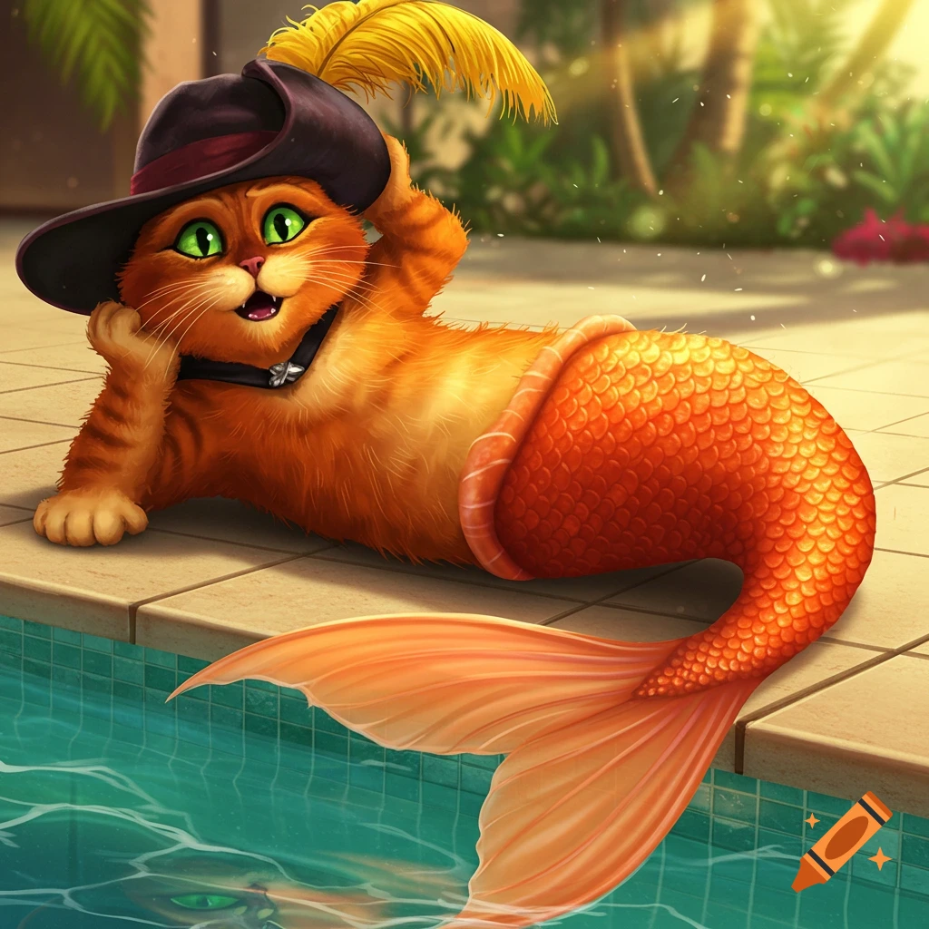 Puss in Boots, transformed into a mermaid, lies by a sunny pool, adjusting his hat.