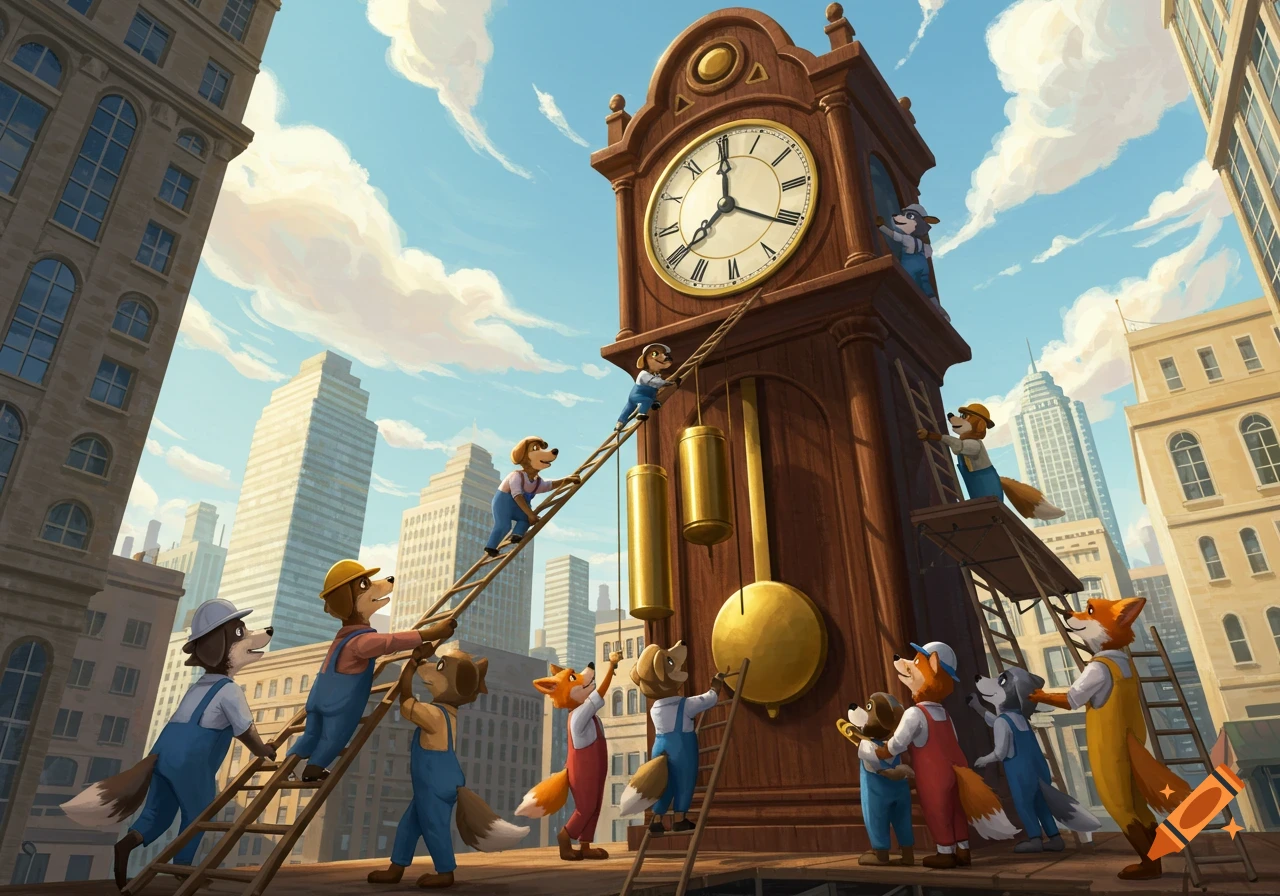 Anthropomorphic dogs and foxes hoist a giant clock's pendulum in a bustling city, climbing ladders and scaffolding.