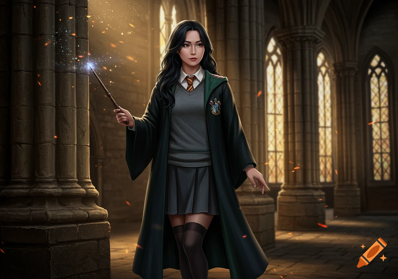 A Japanese woman with long dark hair, dressed in a Hogwarts-style uniform with dark robes and a tie, holds a glowing magic wand in a grand castle hall.