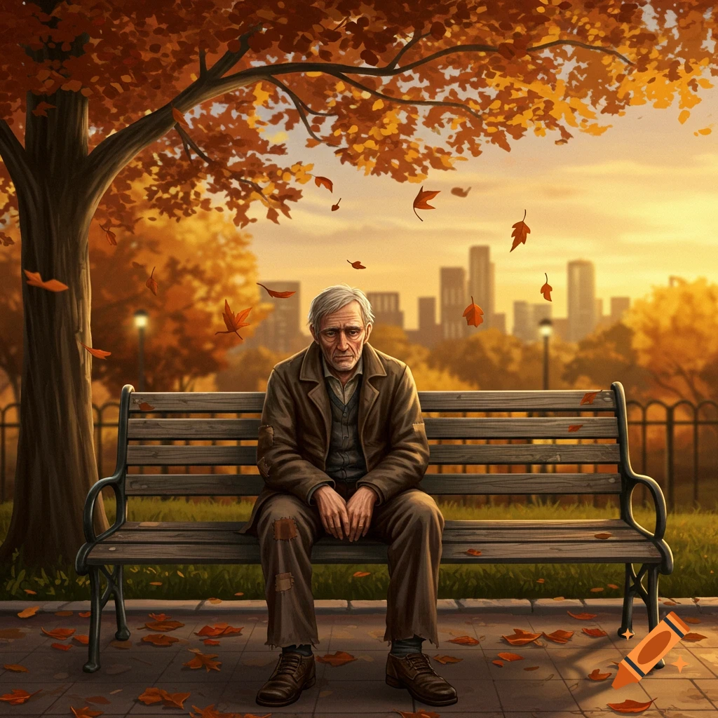An elderly man sits alone on a park bench surrounded by falling autumn leaves, with a city skyline in the background.