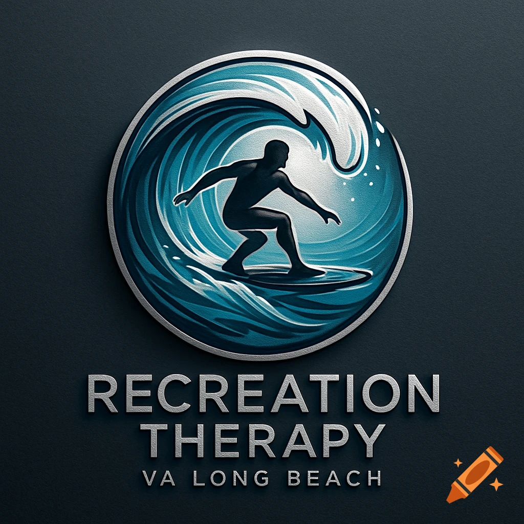 A circular logo featuring a surfer riding a wave, with the text 'RECREATION THERAPY VA LONG BEACH' below it.