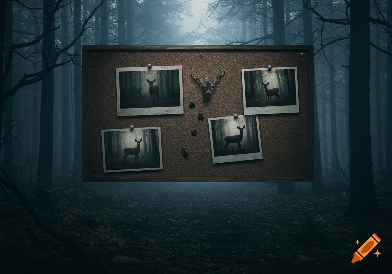 A cork board with deer photos, a skull, and hoof prints floats in a dark, misty forest, in a photorealistic style.