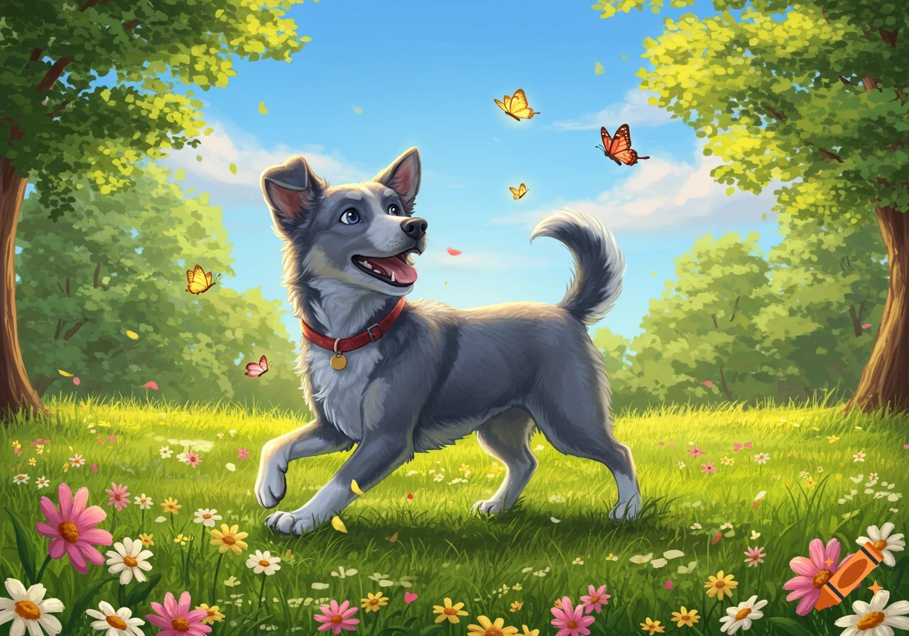 A happy greyish-blue dog prances through a vibrant field of colorful flowers with butterflies, in an illustrated style.