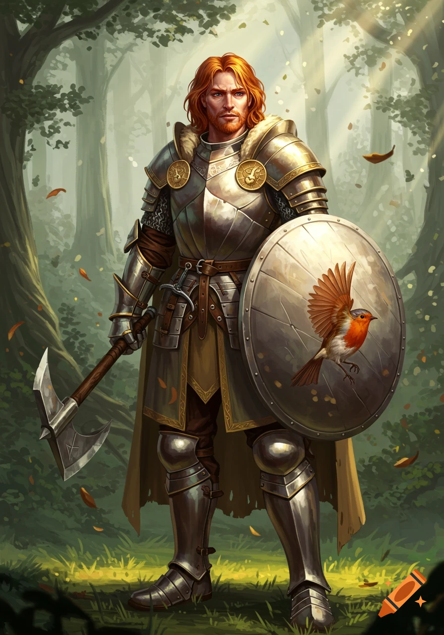 A red-haired male cleric in half plate armor holds an axe and a shield with a robin emblem in a sunlit forest.