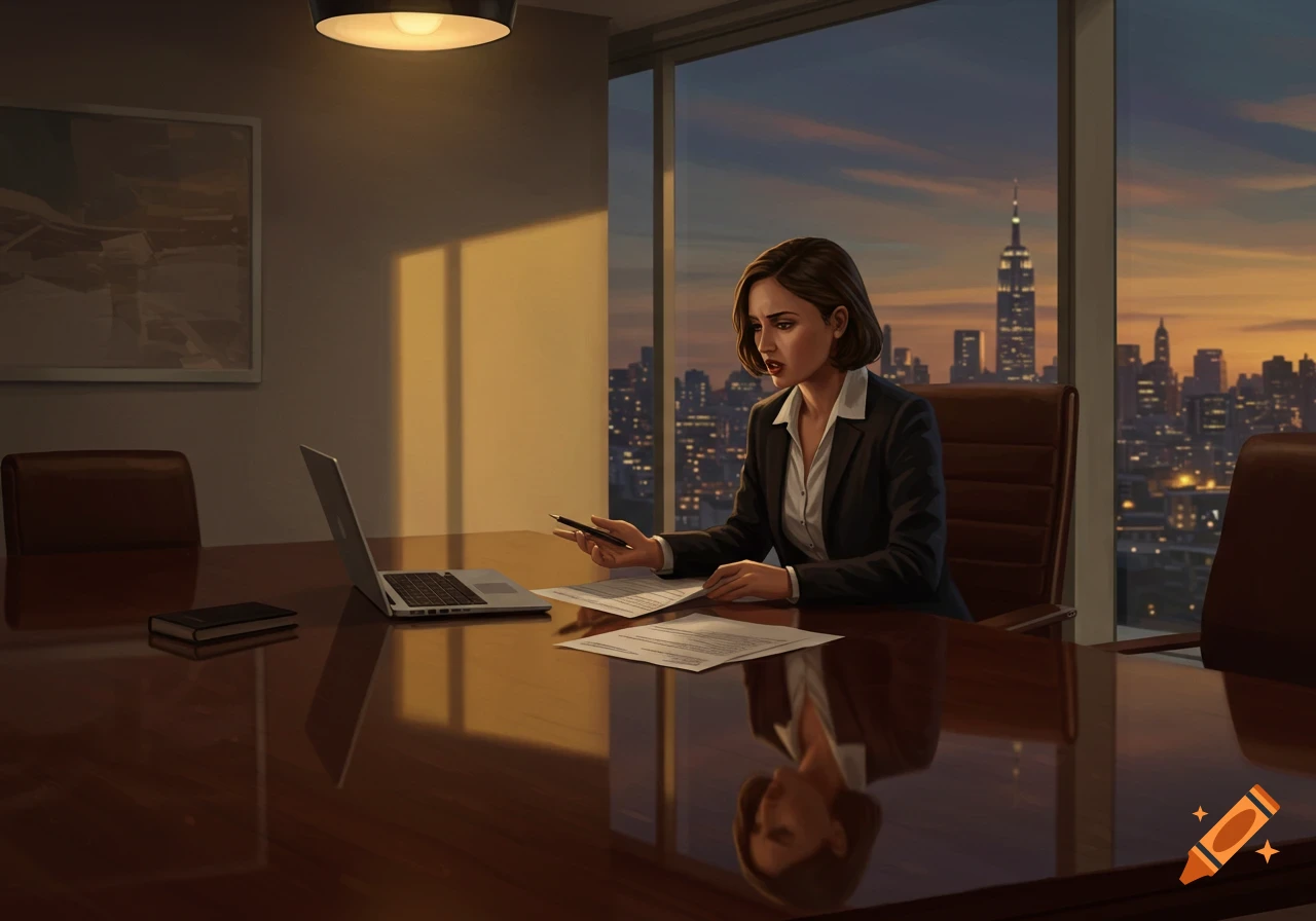 A businesswoman sits at a large conference table, looking at papers with a laptop nearby, as the city skyline lights up outside the window at dusk.