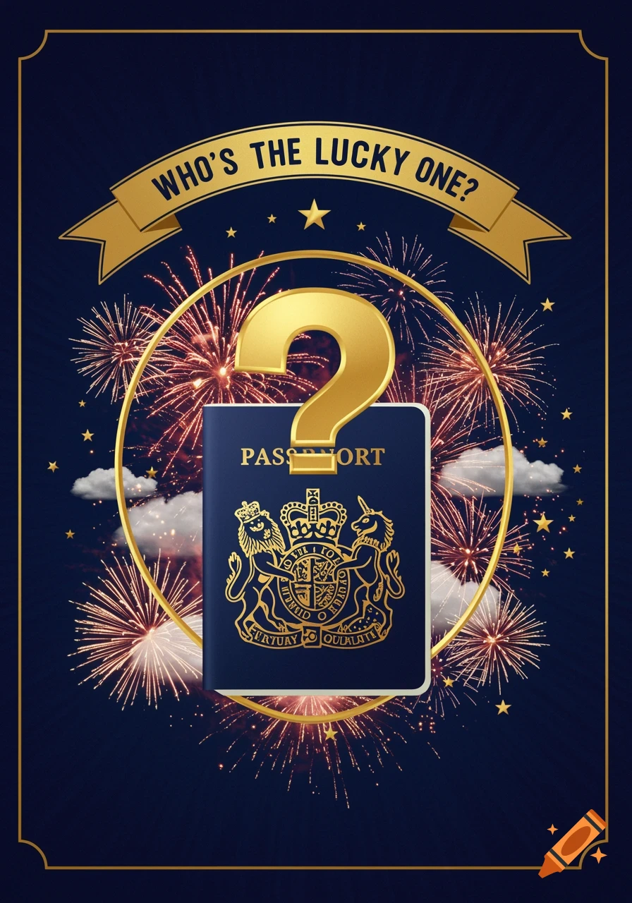 A dark blue background with gold borders and fireworks, featuring a large gold question mark over a British passport, with a gold banner above reading "WHO'S THE LUCKY ONE?".