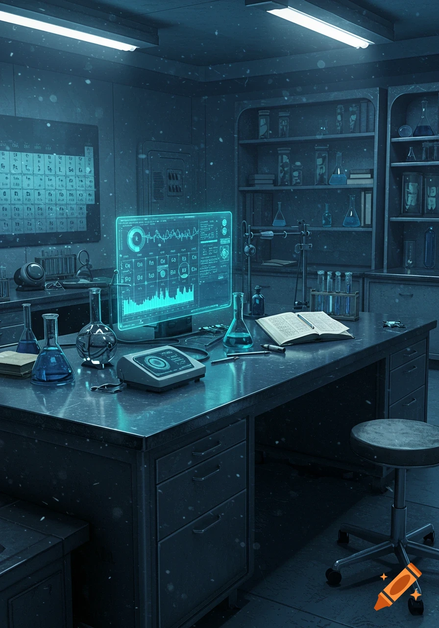 A futuristic science laboratory with glowing blue screens, beakers, test tubes, and a periodic table, all bathed in cool blue light.