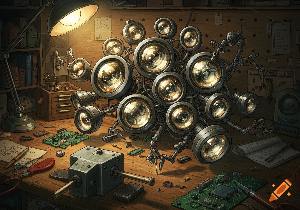 A detailed illustration of a complex mechanical contraption with many lenses and robotic arms on a cluttered workshop desk with electronics.