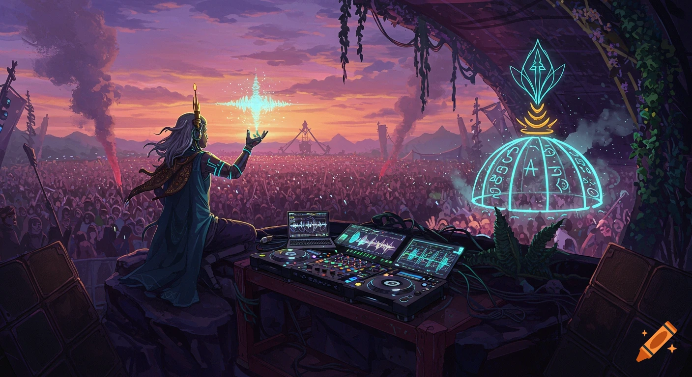 A cyber-warrior DJ with white hair on a cliff overlooking a massive festival crowd at dusk, summoning a glowing energy sphere with one hand and using a DJ rig with holographic controls. Neon foliage and glowing domes adorn the solarpunk-cyberpunk stage.