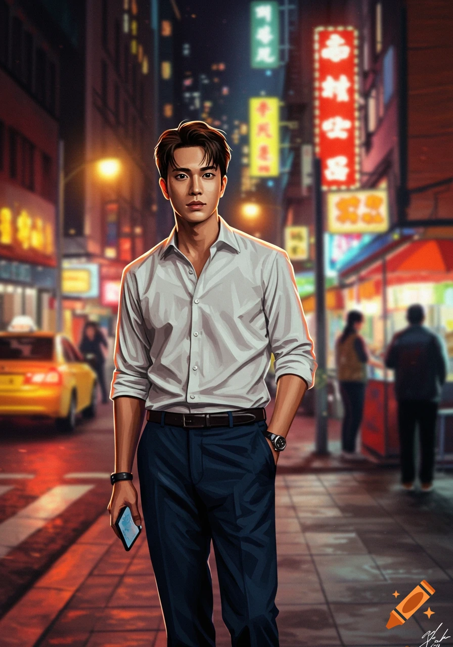 A stylish man walks on a city street at night, illuminated by neon signs and streetlights, in an illustrative style.