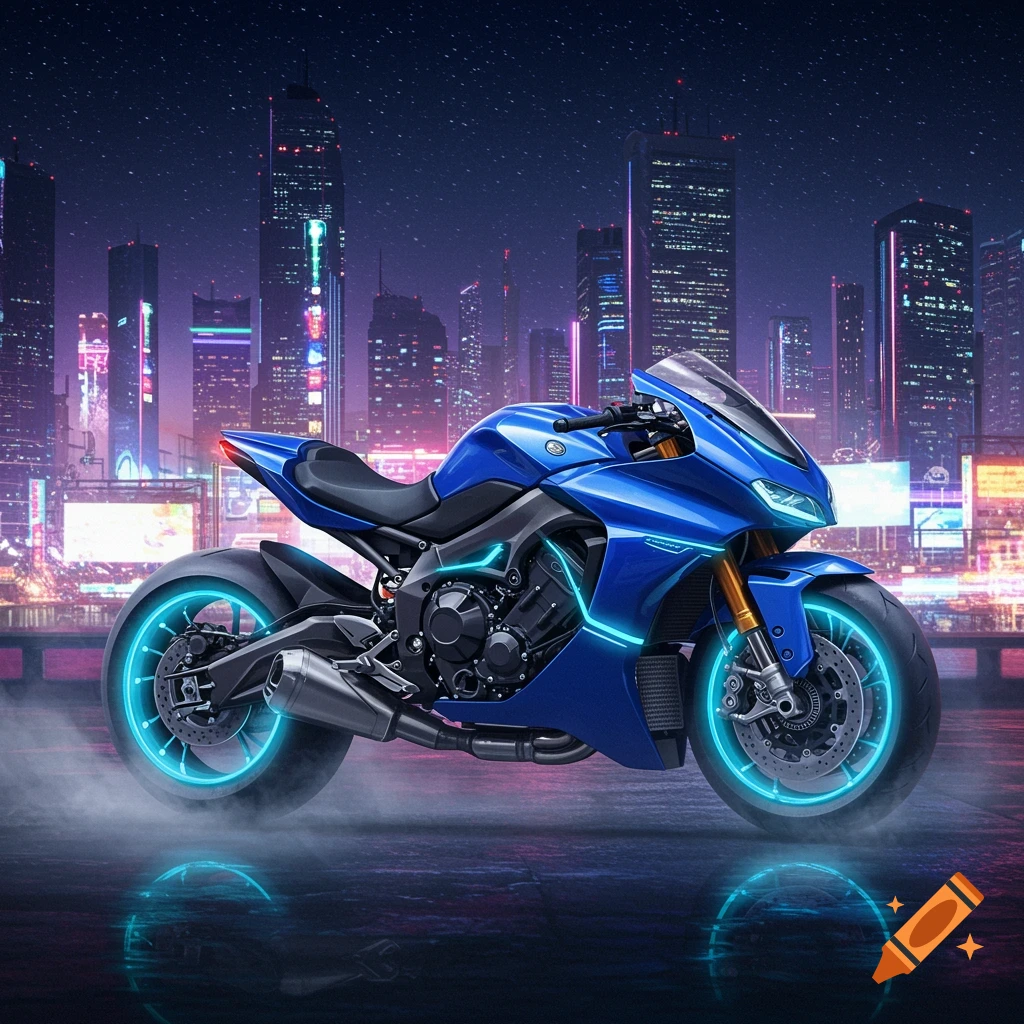A blue futuristic motorcycle with glowing wheels and accents, parked at night in front of a neon-lit cyberpunk city.