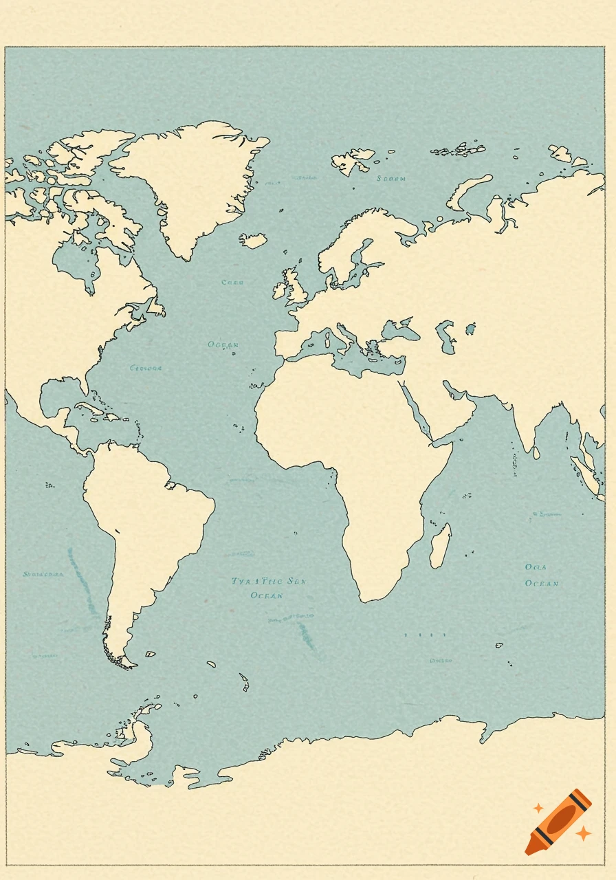 A hand-drawn world map showing continents and oceans in light blue and cream colors.