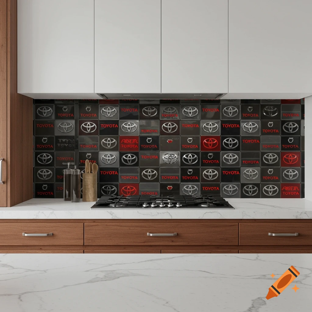 A kitchen backsplash tiled with black and red squares featuring Toyota logos and text above a gas range.