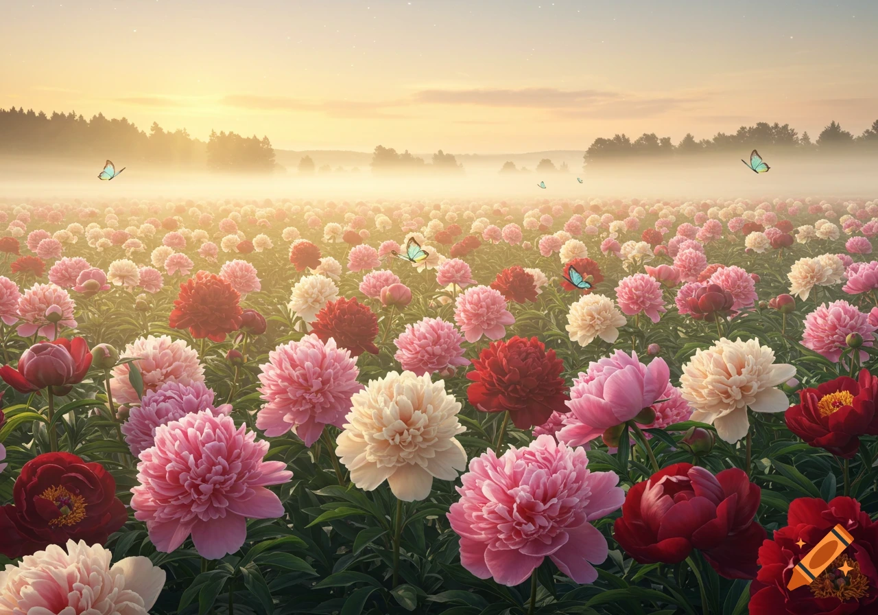 A vast field of pink, red, and white peony flowers under a misty golden sunset, with butterflies.