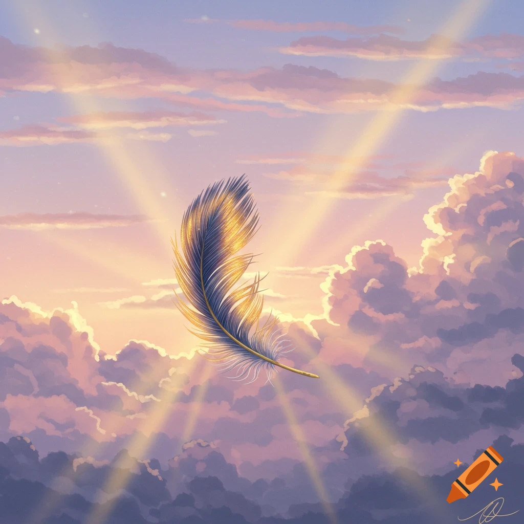 A feather floats in a vibrant sky filled with pink and purple clouds and golden sun rays.