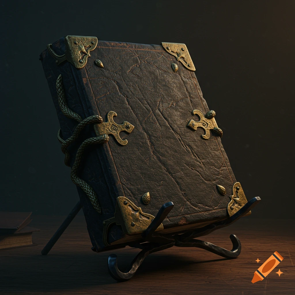 A dark, ancient book with ornate brass corner protectors and serpentine clasps, resting on a wrought iron stand in a dimly lit setting.