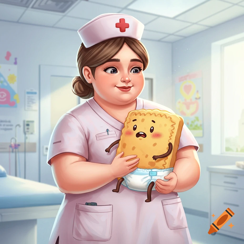 Cartoon nurse lovingly cradles a fearful, diapered pop tart in a hospital room.
