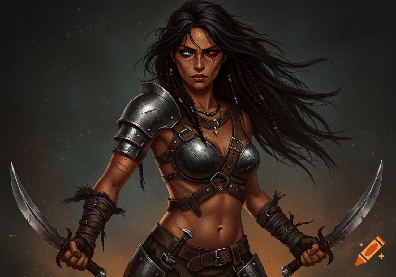 A fierce female warrior with long dark hair, one blue eye and one red eye, wearing steel and leather armor, holding two curved blades in a digital painting.