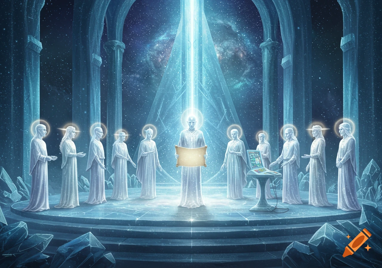 A cosmic council of radiant, robed beings in a crystalline temple under a starry sky, with a glowing scroll and computer.
