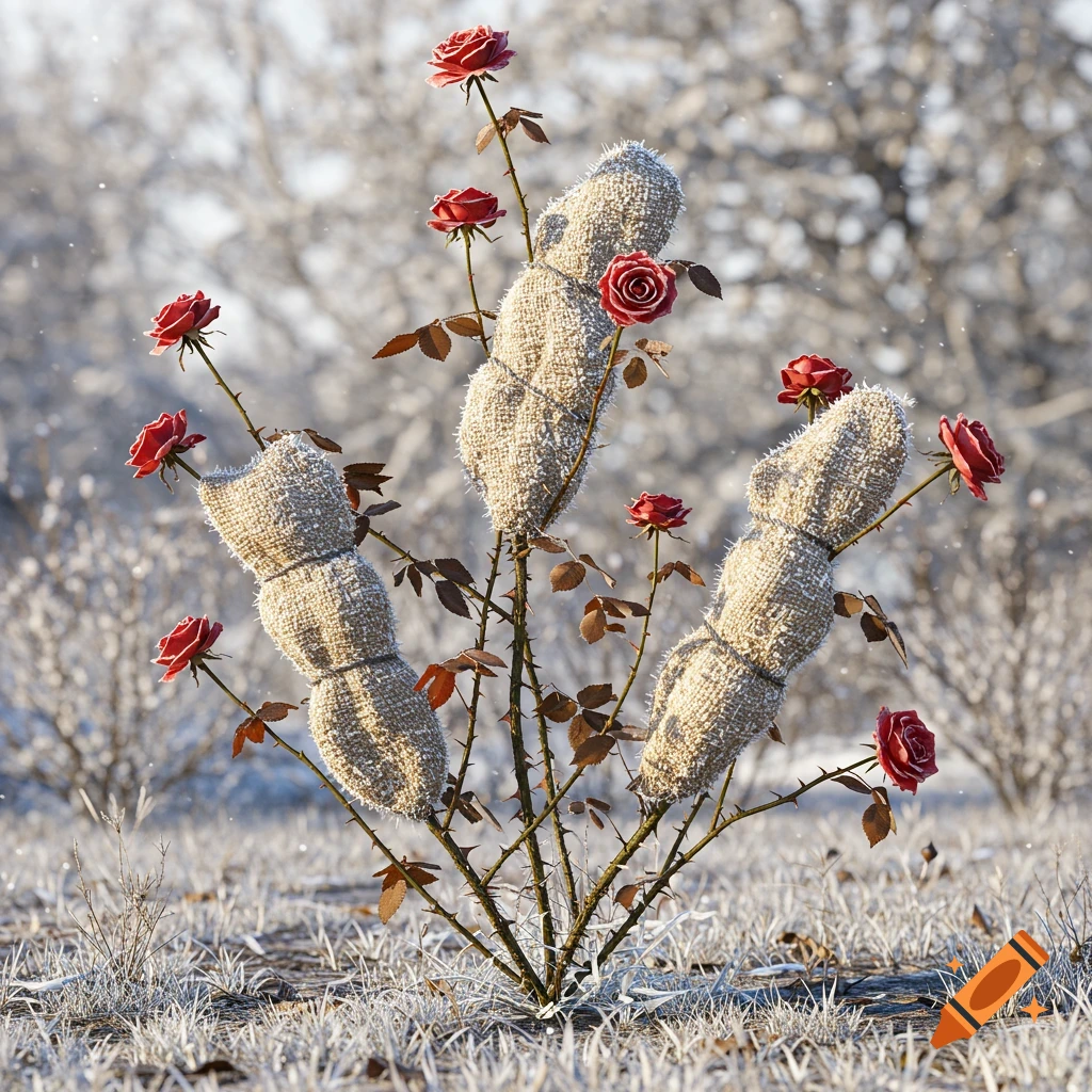 A photorealistic rose bush with red roses, wrapped in burlap for winter, in a snowy landscape.