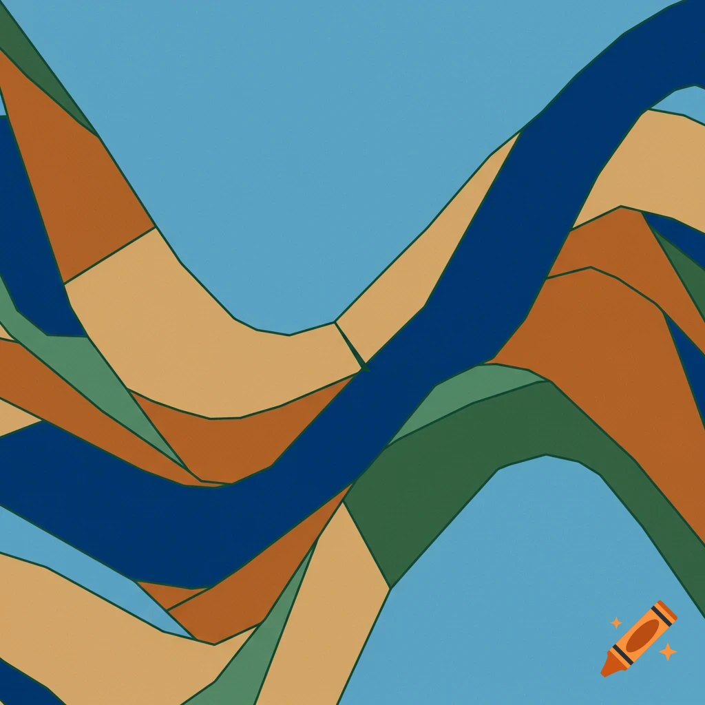 Abstract geometric pattern with wavy shapes in blue, orange, and green tones.