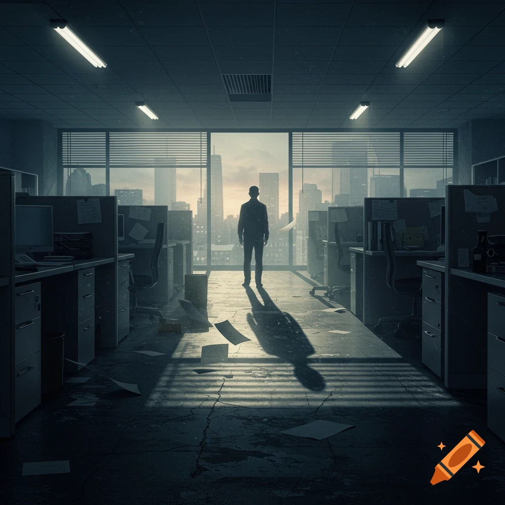 A solitary figure stands in a dark, abandoned office, looking out at a city skyline at dusk.