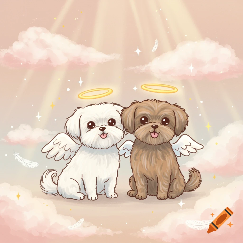 Two cartoon Shih Tzu angel dogs, one white and one brown, sit on pink clouds with halos and wings.