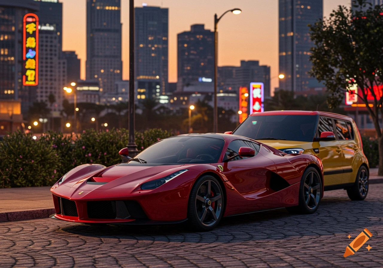 A red Ferrari LaFerrari and a yellow Kia Soul are parked on a cobblestone street at dusk, with a city skyline in the background.