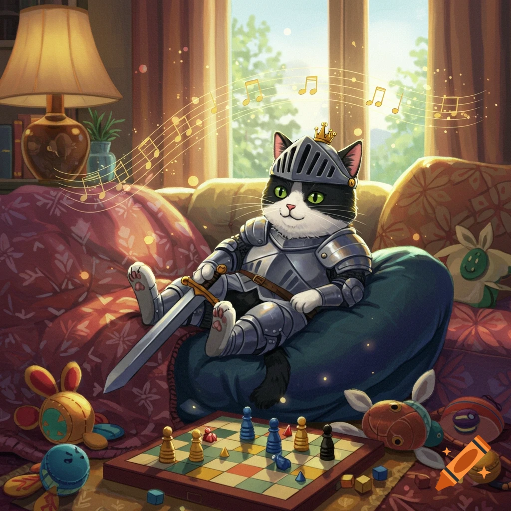 A whimsical illustration of a tuxedo cat in knight armor lounging on a sofa, with musical notes and a chess board.