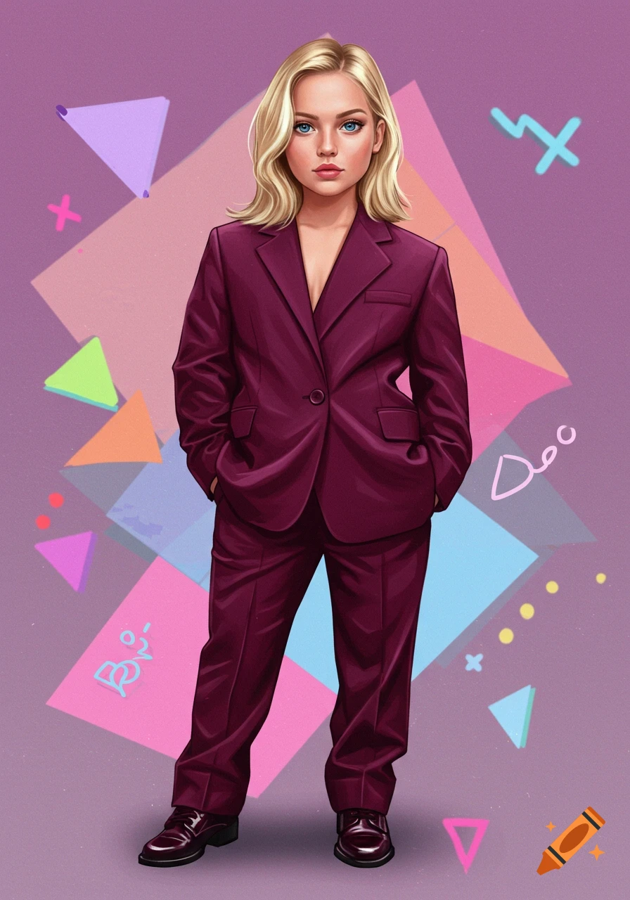 A stylized illustration of a blonde woman in a burgundy suit, standing against a vibrant purple background with geometric shapes and abstract doodles.