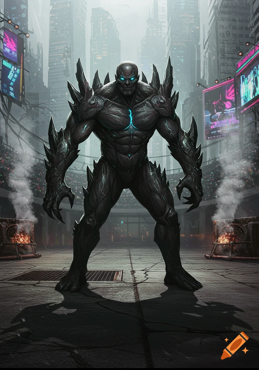 A hulking dark grey monster with sharp spikes and glowing blue eyes stands in a futuristic, desolate city with neon signs and smoke.