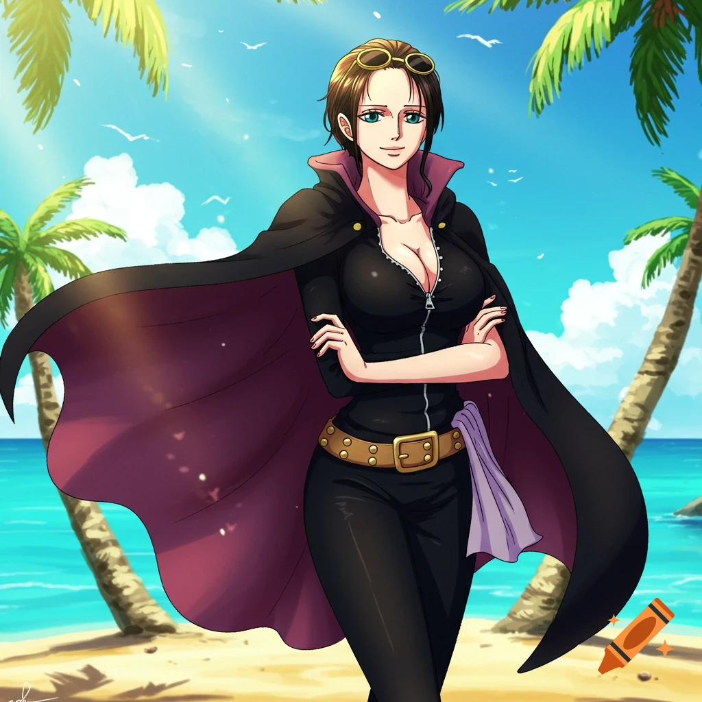 Anime style depiction of Nico Robin from One Piece, standing on a sunny beach with palm trees and ocean.
