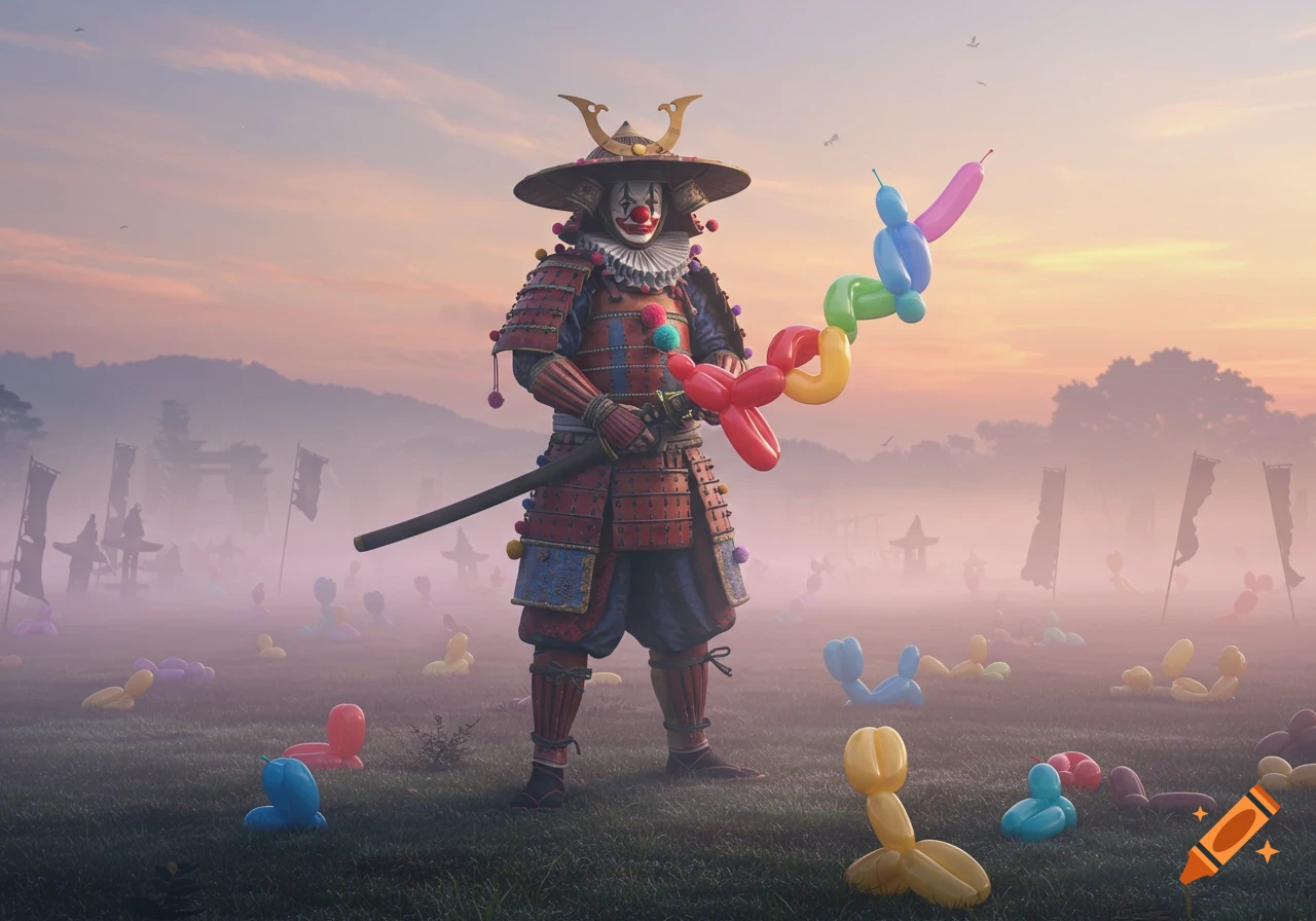 A clown samurai holding a long, colorful balloon animal sword stands in a misty field filled with deflated balloon animals, bathed in sunrise light.