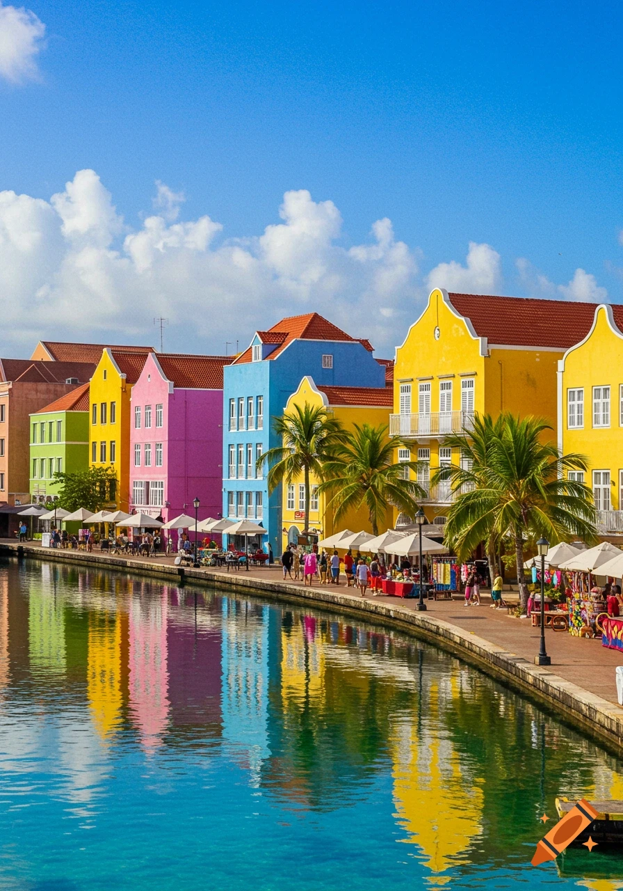 A photorealistic view of brightly colored buildings lining a clear blue canal under a sunny sky, with people walking on the promenade.