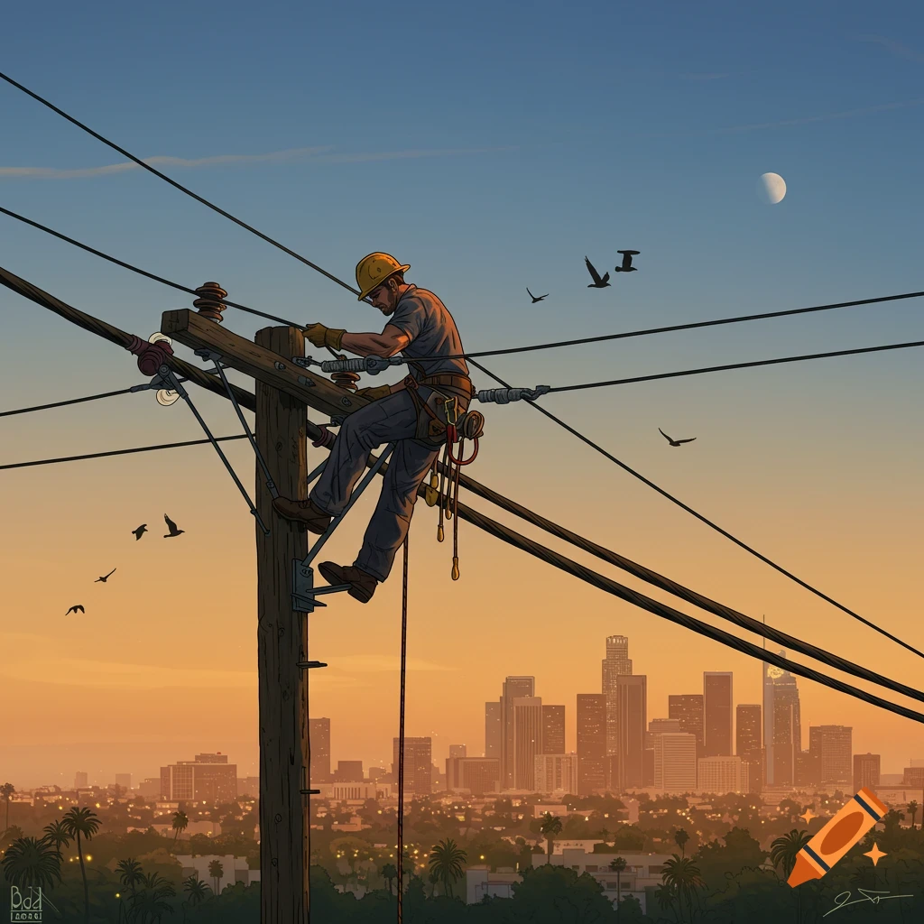 An illustrated lineman works on a utility pole at sunset, silhouetted against an orange and blue sky with a city skyline.