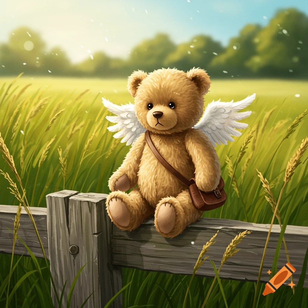 A tan teddy bear with white wings and a leather satchel sits on a wooden fence in a sunny grassy field.