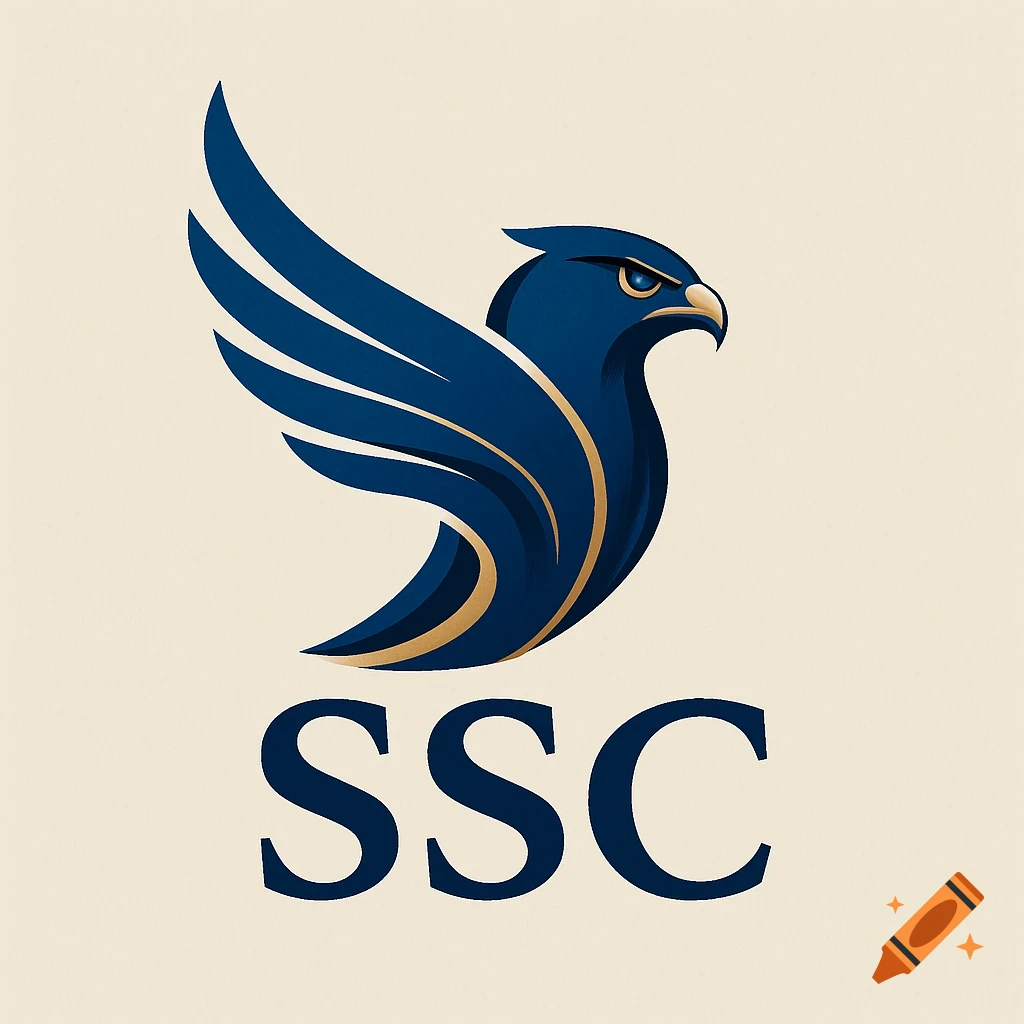 A stylized blue and gold falcon logo with spread wings and the text SSC below it, on a cream background.