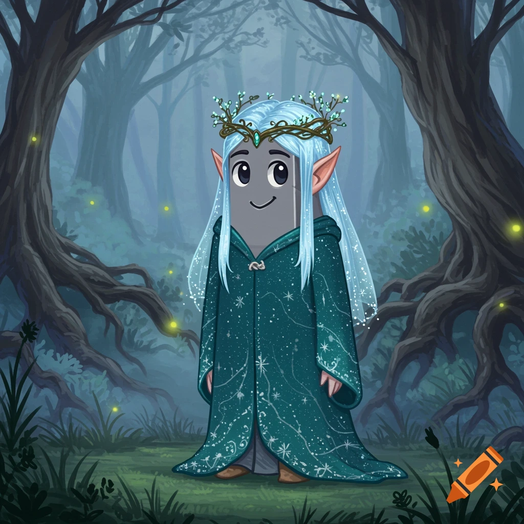 A cartoon Clippy character dressed as a fantasy elf, with blue hair and a teal cloak, stands in a mystical forest.