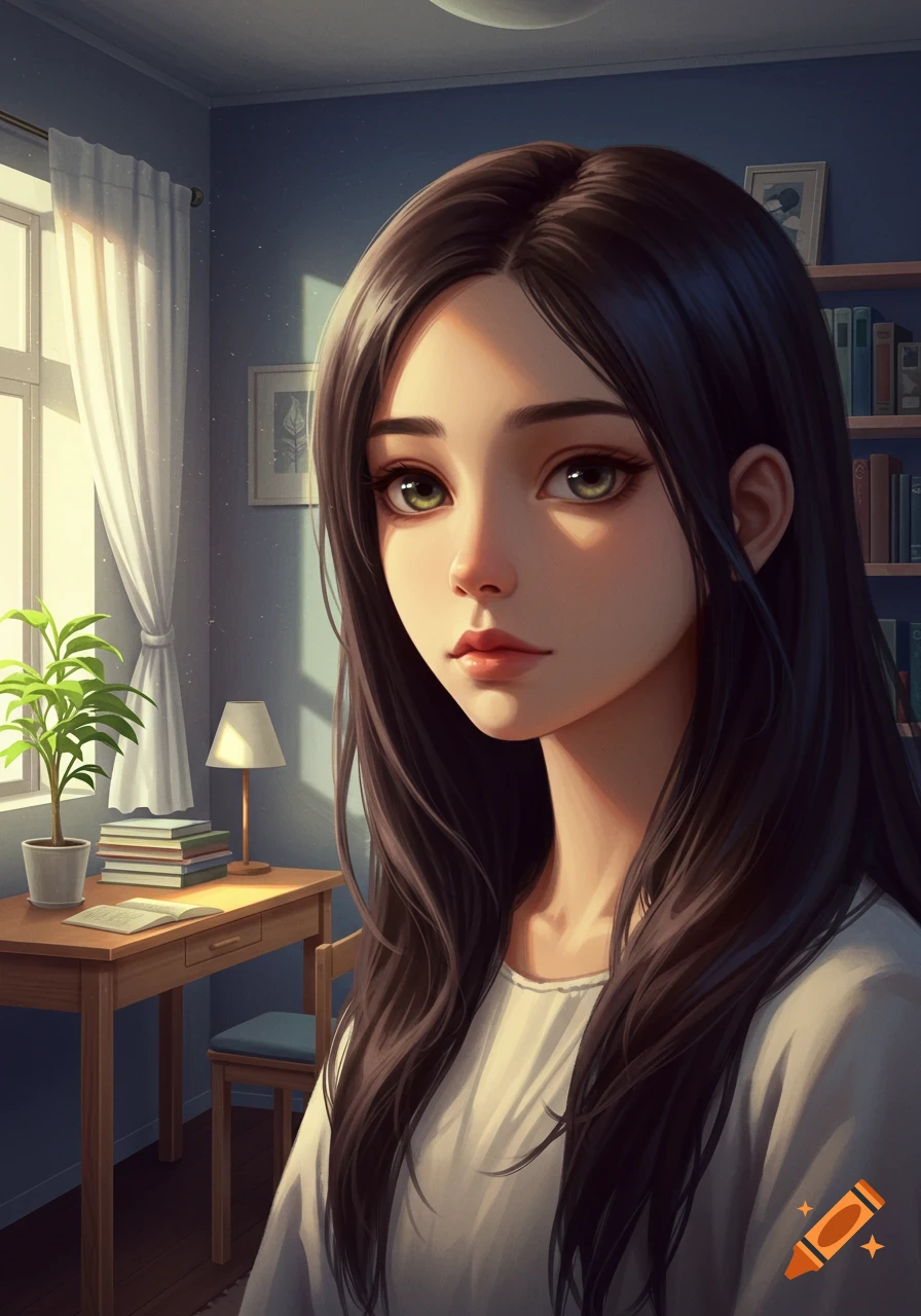 An anime-style girl with long dark hair and hazel eyes looks forward in a softly lit room with a desk and bookshelf.