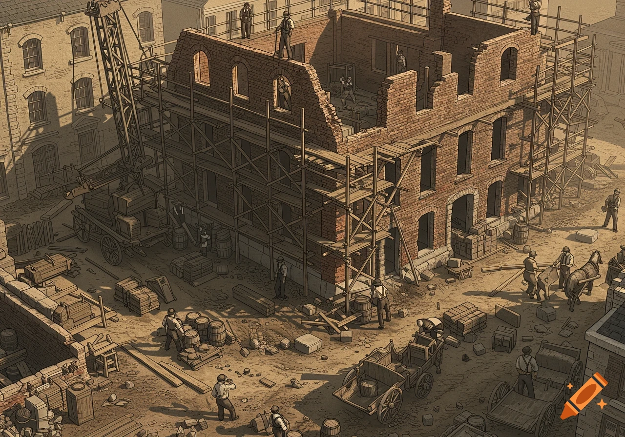 A detailed top-down illustration of an 1800s construction site with workers, scaffolding, a crane, and a brick building under construction.