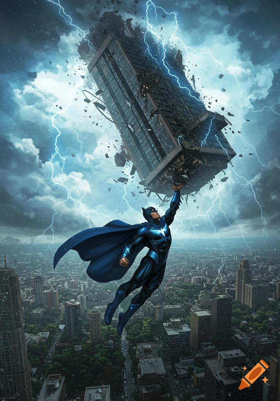 A superhero in a blue suit and cape flies above a city, catching a falling skyscraper amidst lightning.